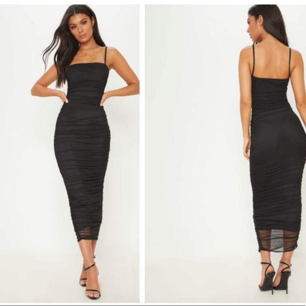 PLT Black Strappy Mesh Ruched Midaxi Dress NWOT